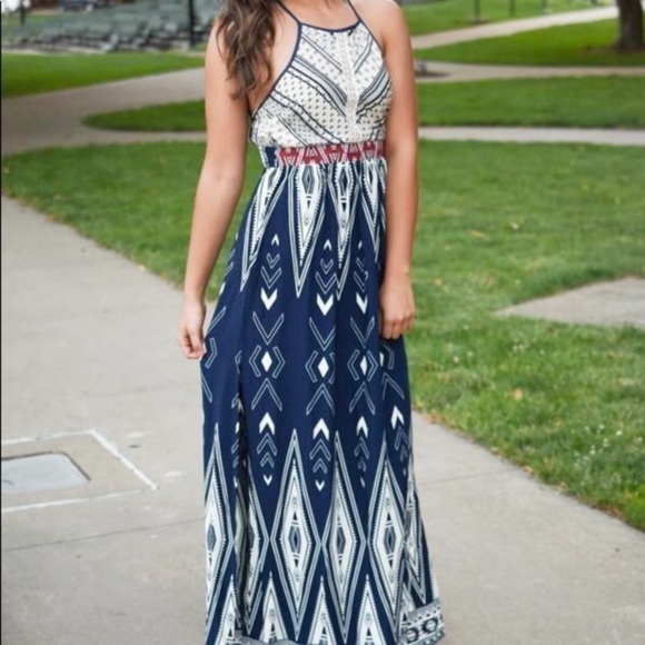 Japna New Size M Halter Style Maxi Dress Rayon Blue Cream Red Aztec Boho Print - Picture 1 of 10